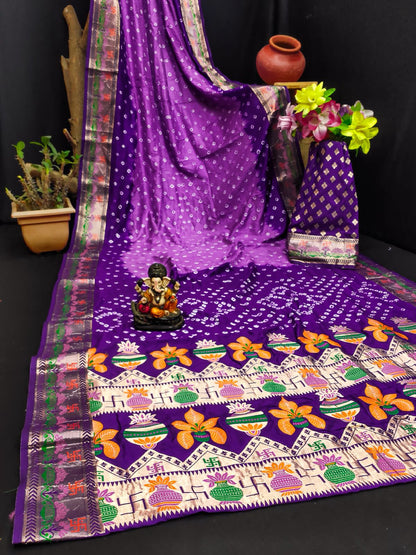 Purple Pure Paithani Bandhej Saree Banarasi Silk Saree Anant Tex Exports Pvt.Ltd..