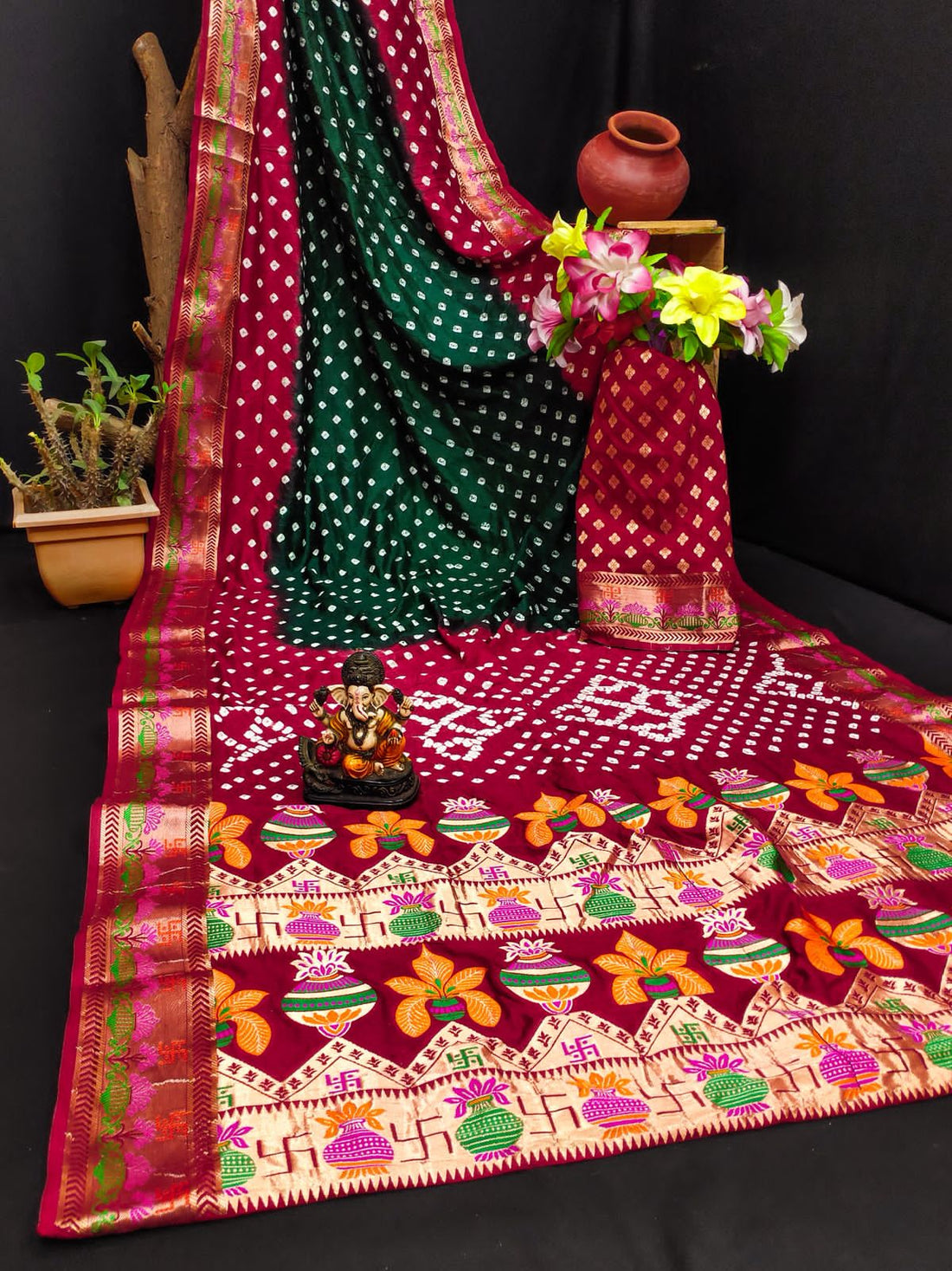 Green Pure Paithani Bandhej Saree Banarasi Silk Saree Anant Tex Exports Pvt.Ltd..
