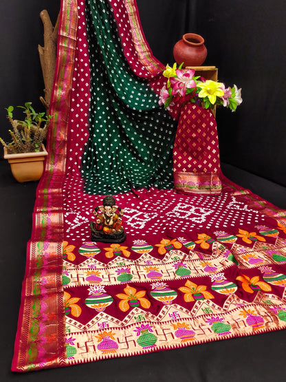 Green Pure Paithani Bandhej Saree Banarasi Silk Saree Anant Tex Exports Pvt.Ltd..