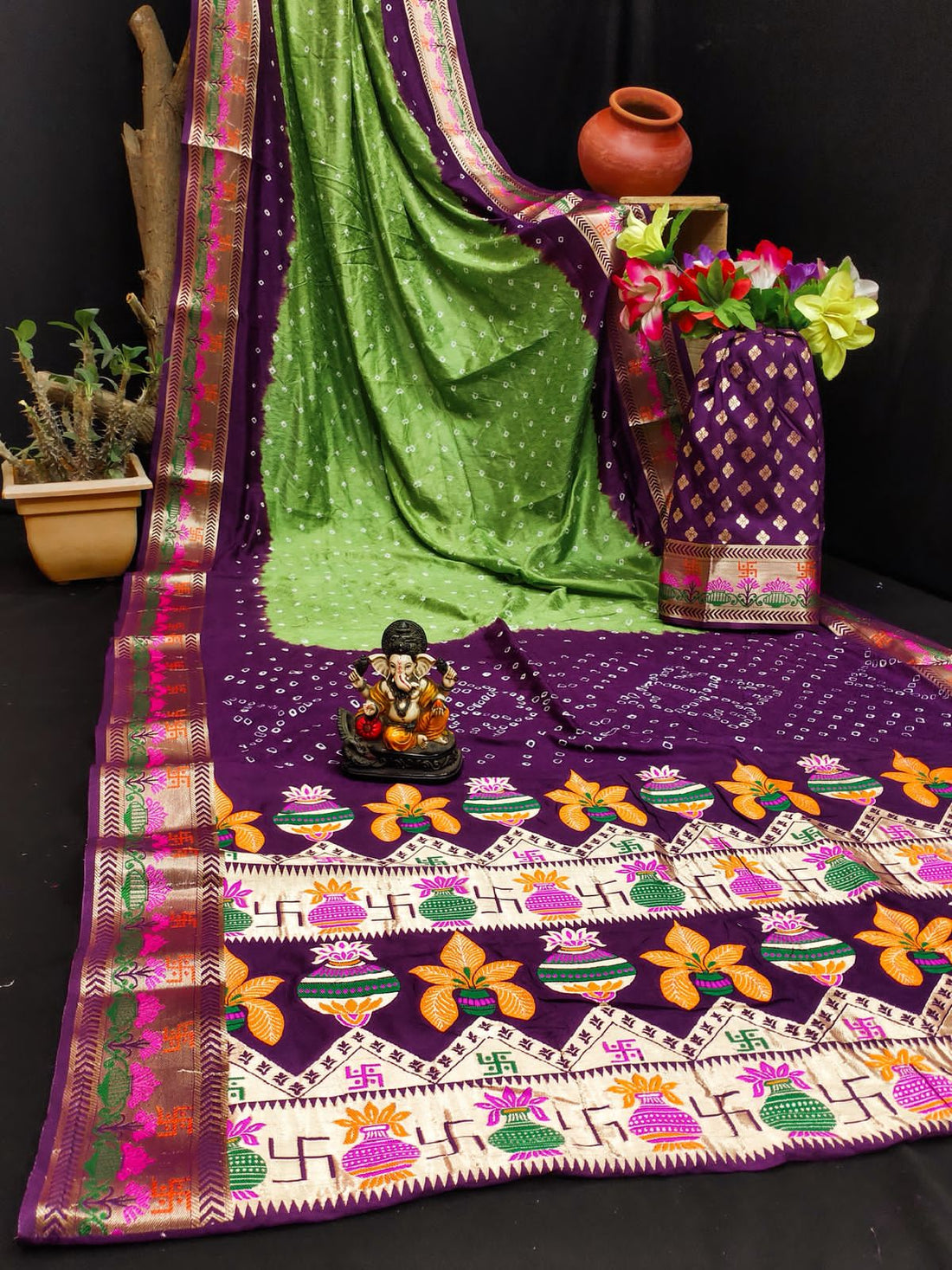 Light Green Pure Paithani Bandhej Saree Banarasi Silk Saree Anant Tex Exports Pvt.Ltd..