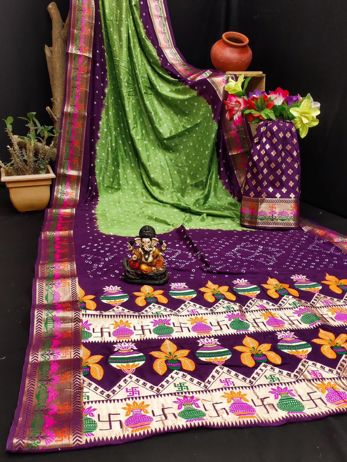 Light Green Pure Paithani Bandhej Saree