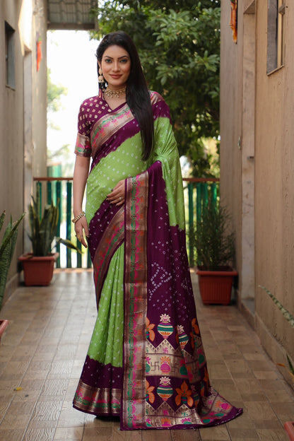 Light Green Pure Paithani Bandhej Saree Banarasi Silk Saree Anant Tex Exports Pvt.Ltd..