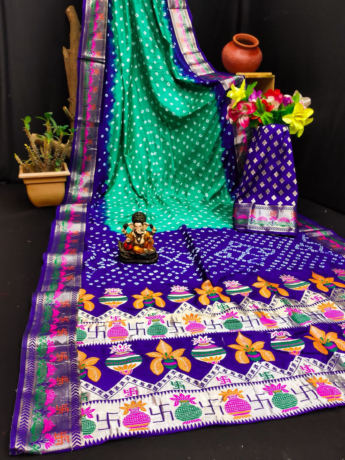 Dark Blue Pure Paithani Bandhej Saree Banarasi Silk Saree Anant Tex Exports Pvt.Ltd..