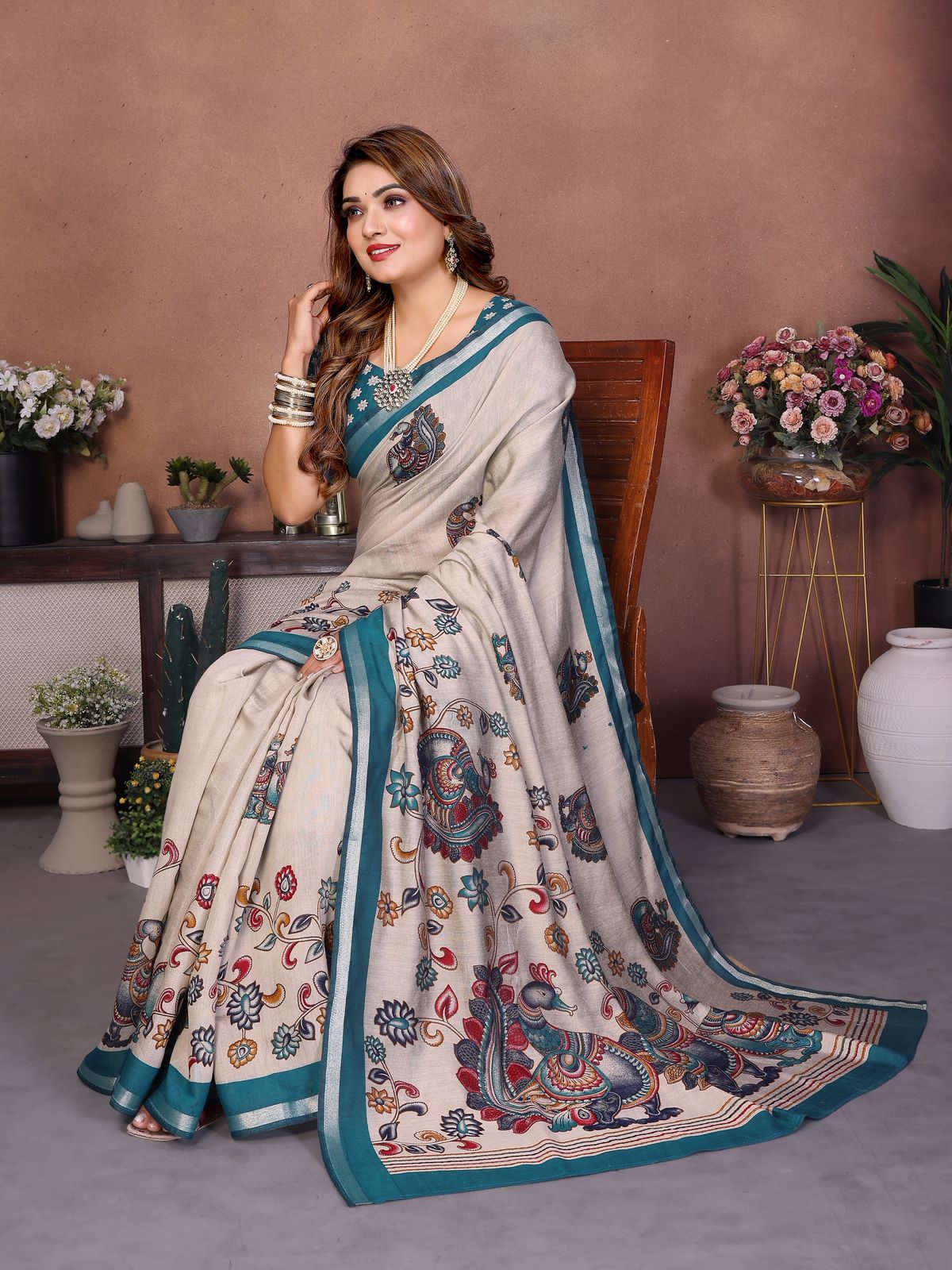 Sky Cream Pure Soft Mul Kalamkari Print Cotton Saree