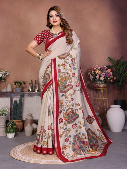 Red Cream Pure Soft Mul Kalamkari Print Cotton Saree Cotton saree Anant Tex Exports Pvt.Ltd..