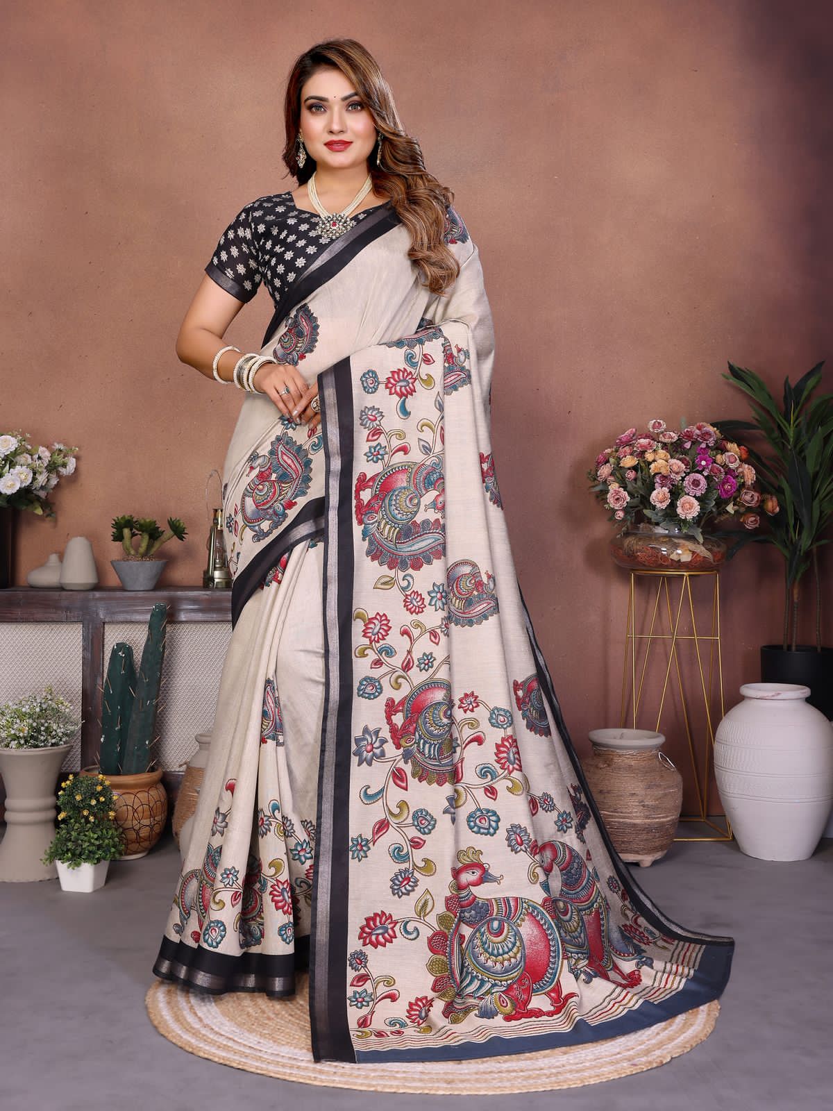 Black Cream Pure Soft Mul Kalamkari Print Cotton Saree
