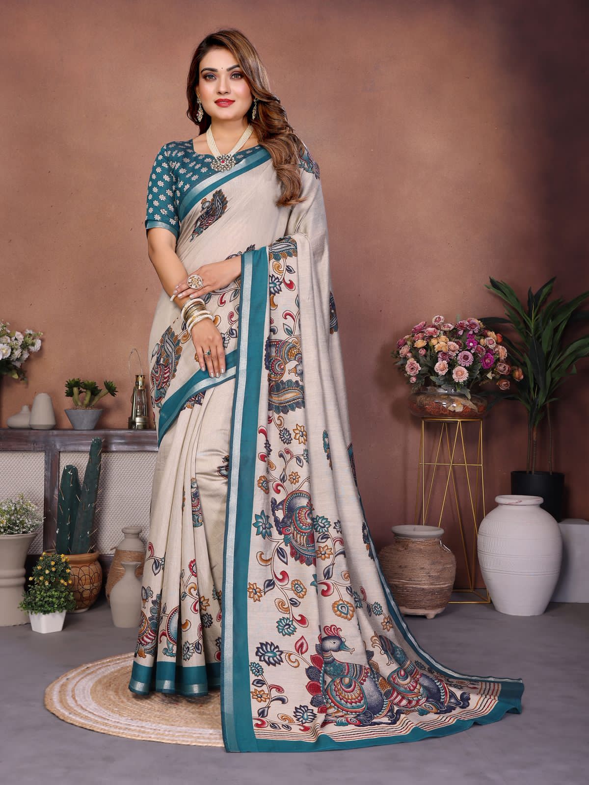 Sky Cream Pure Soft Mul Kalamkari Print Cotton Saree Cotton saree Anant Tex Exports Pvt.Ltd..