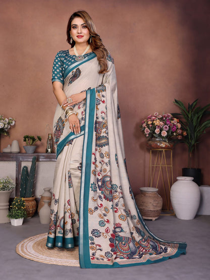 Sky Cream Pure Soft Mul Kalamkari Print Cotton Saree Cotton saree Anant Tex Exports Pvt.Ltd..