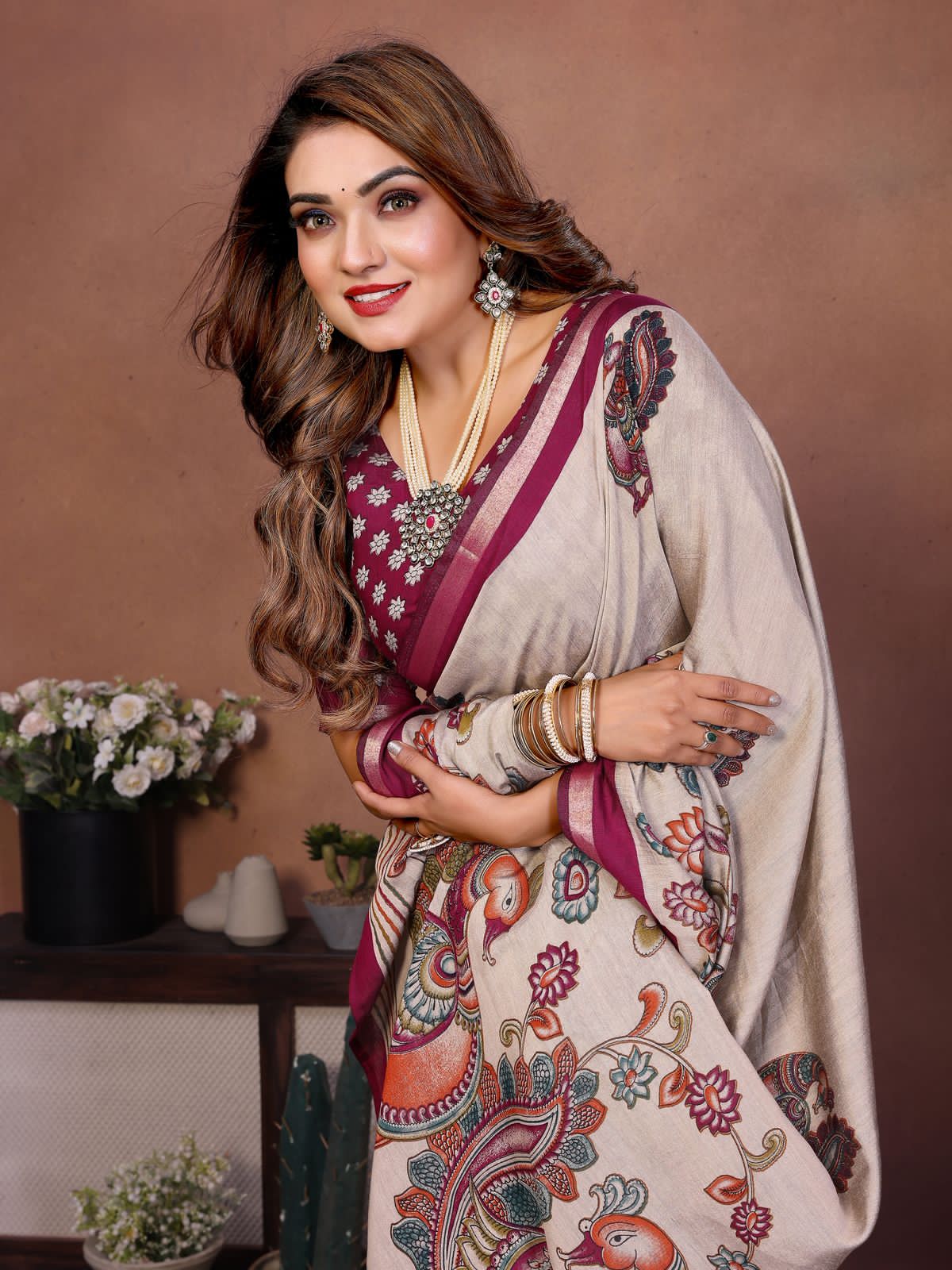 Maroon Cream Pure Soft Mul Kalamkari Print Cotton Saree