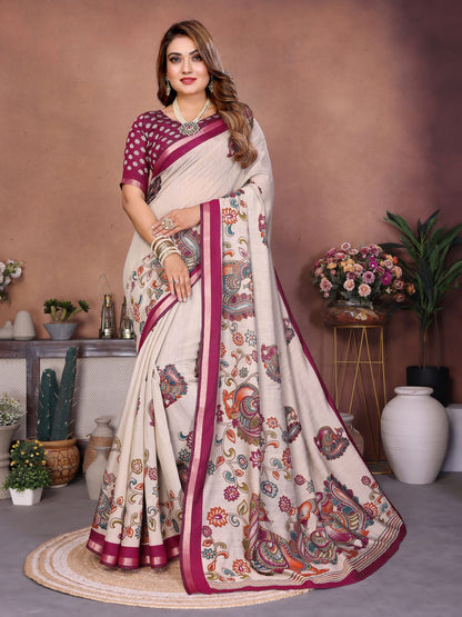 Maroon Cream Pure Soft Mul Kalamkari Print Cotton Saree Cotton saree Anant Tex Exports Pvt.Ltd..