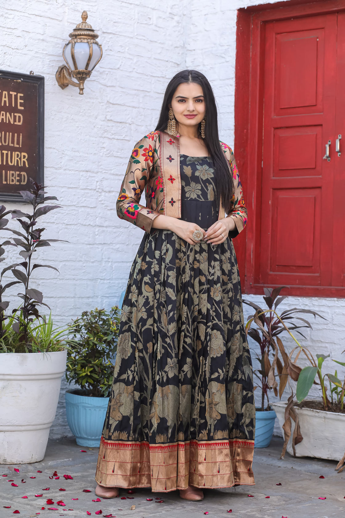 Black Pure Soft Dola Silk Kalamkari Printed Gown Gown Anant Tex Exports Pvt.Ltd..