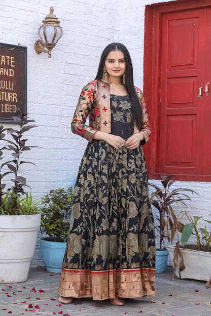 Black Pure Soft Dola Silk Kalamkari Printed Gown Gown Anant Tex Exports Pvt.Ltd..