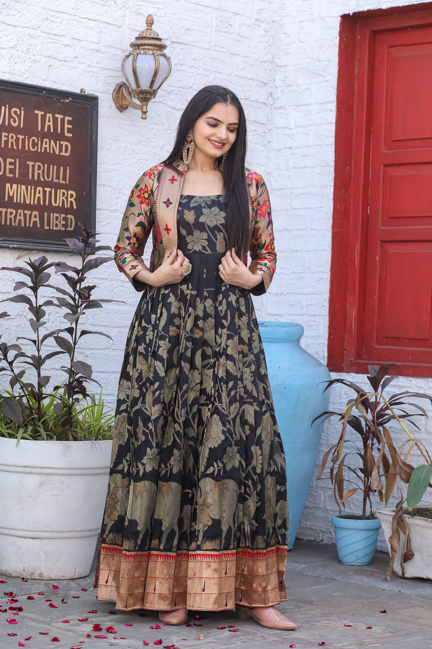 Black Pure Soft Dola Silk Kalamkari Printed Gown Gown Anant Tex Exports Pvt.Ltd..