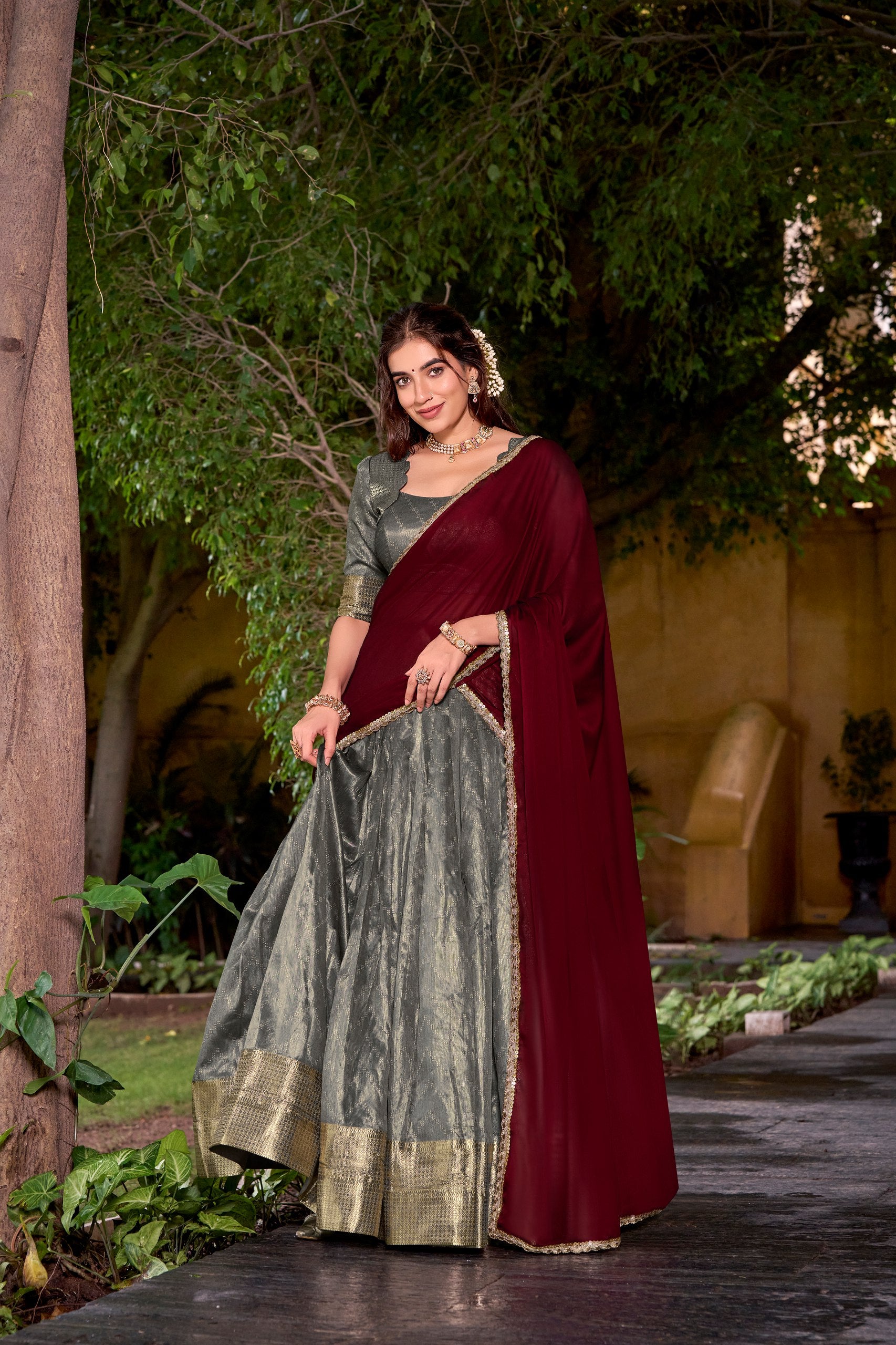 Grey Pure Soft Dupion Paithani Silk South Indian Lehenga Saree