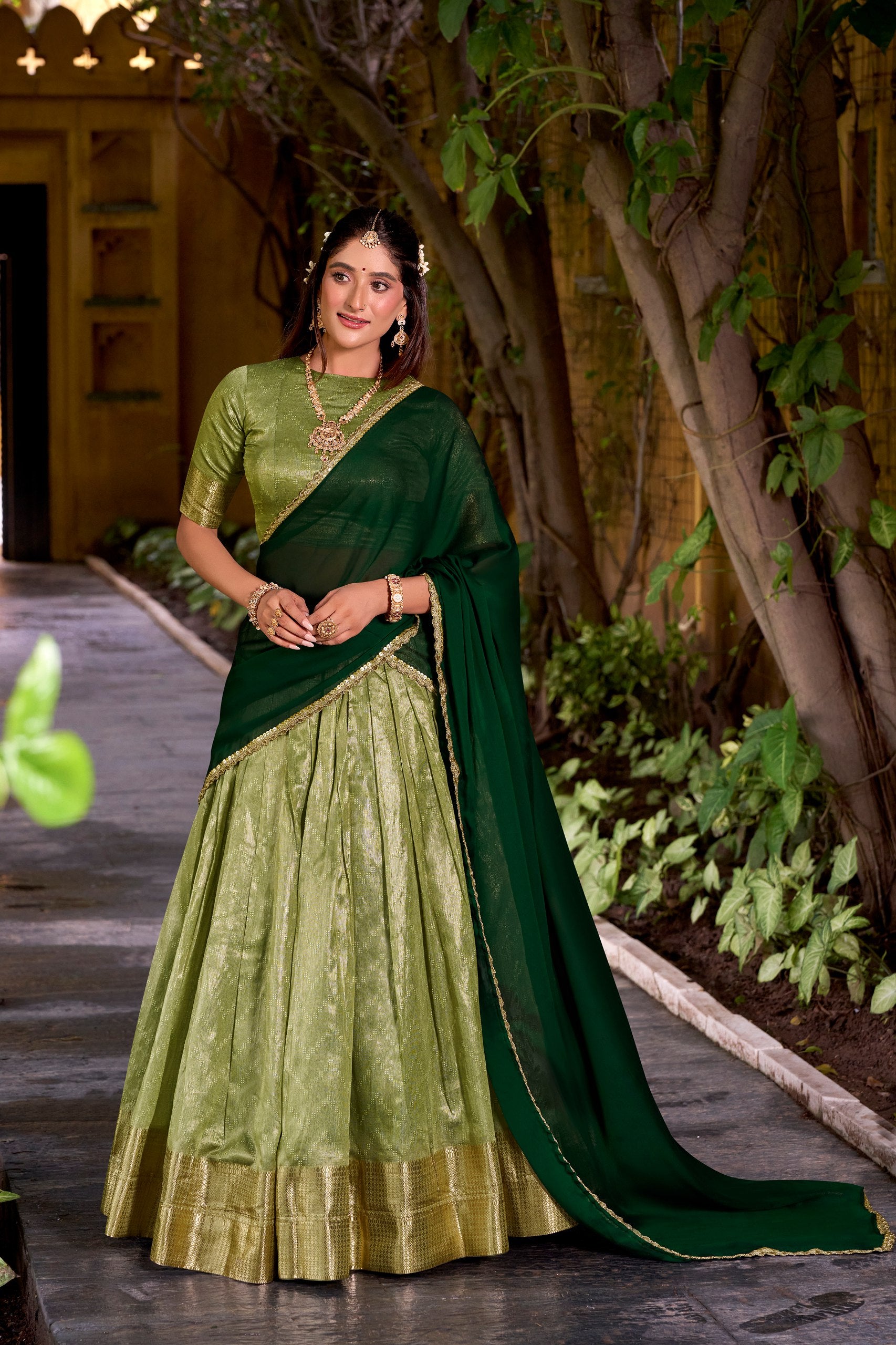Pista Pure Soft Dupion Paithani Silk South Indian Lehenga Saree