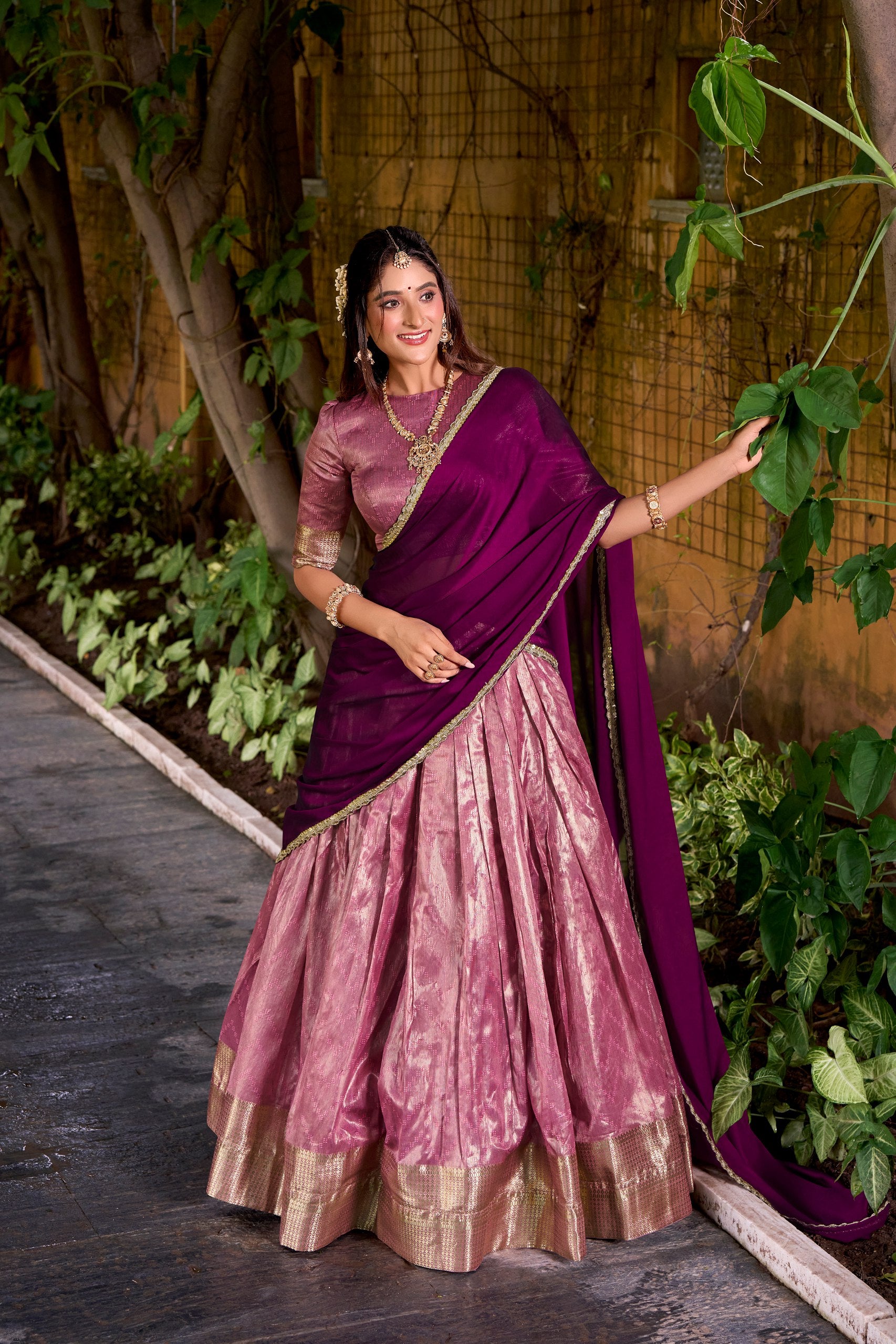 Pink Pure Soft Dupion Paithani Silk South Indian Lehenga Saree