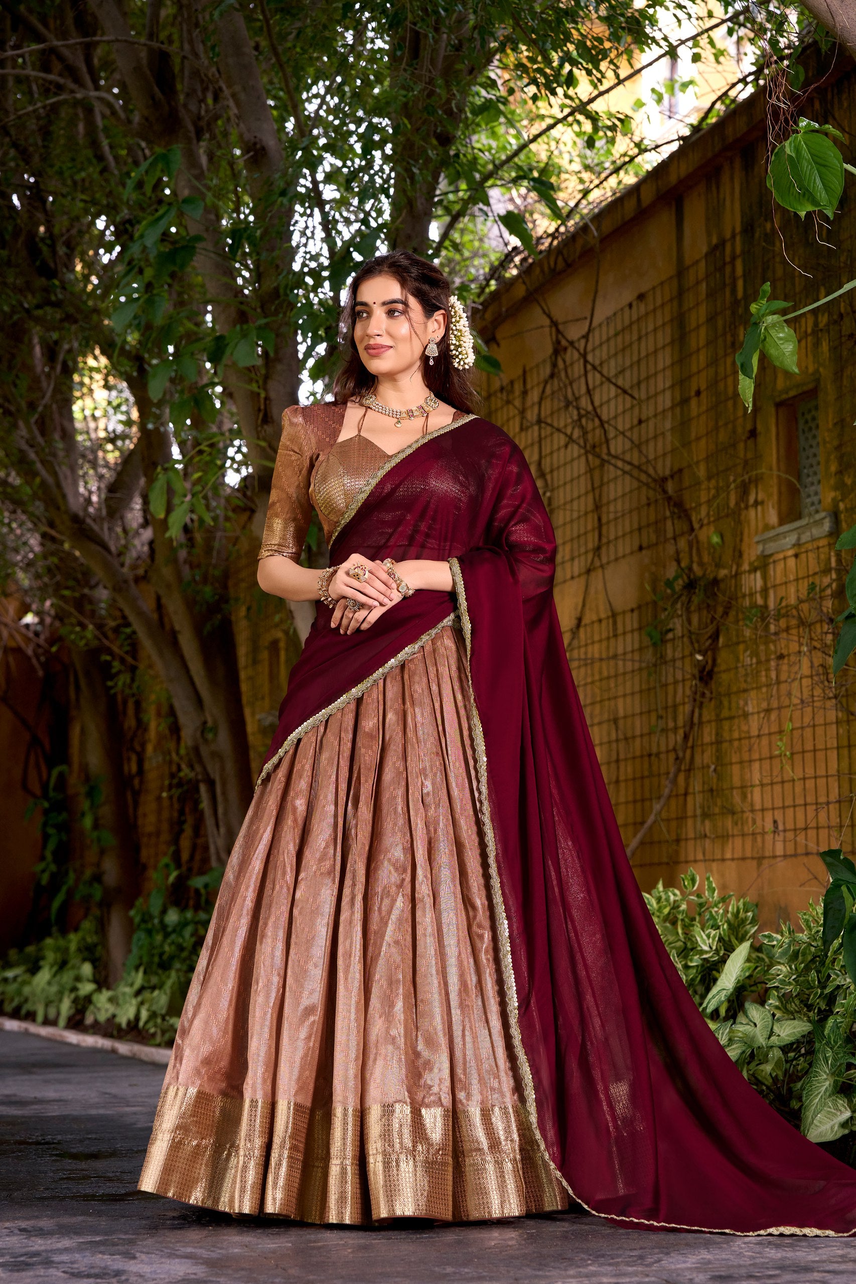 Peach Pure Soft Dupion Paithani Silk South Indian Lehenga Saree