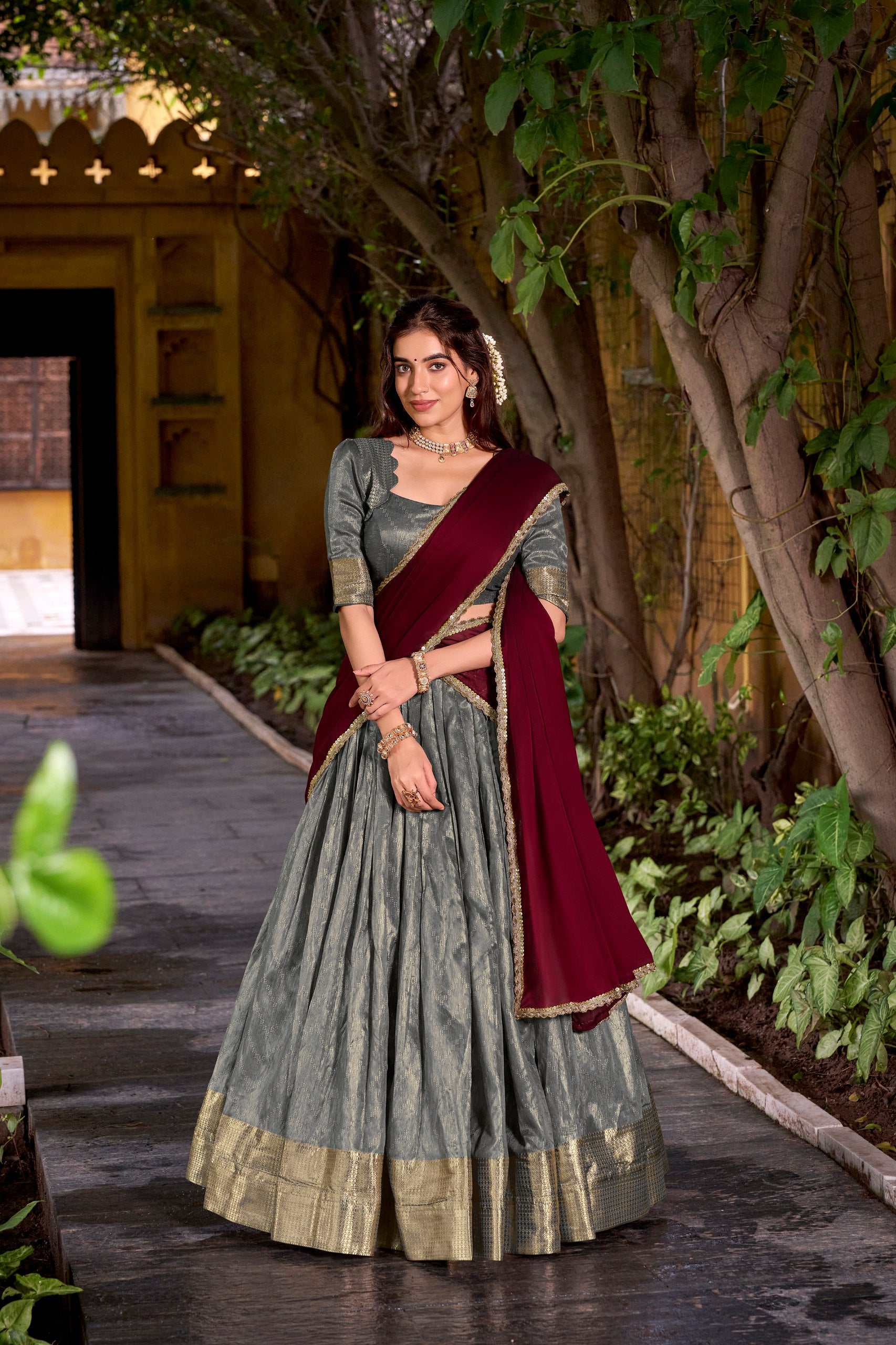 Grey Pure Soft Dupion Paithani Silk South Indian Lehenga Saree