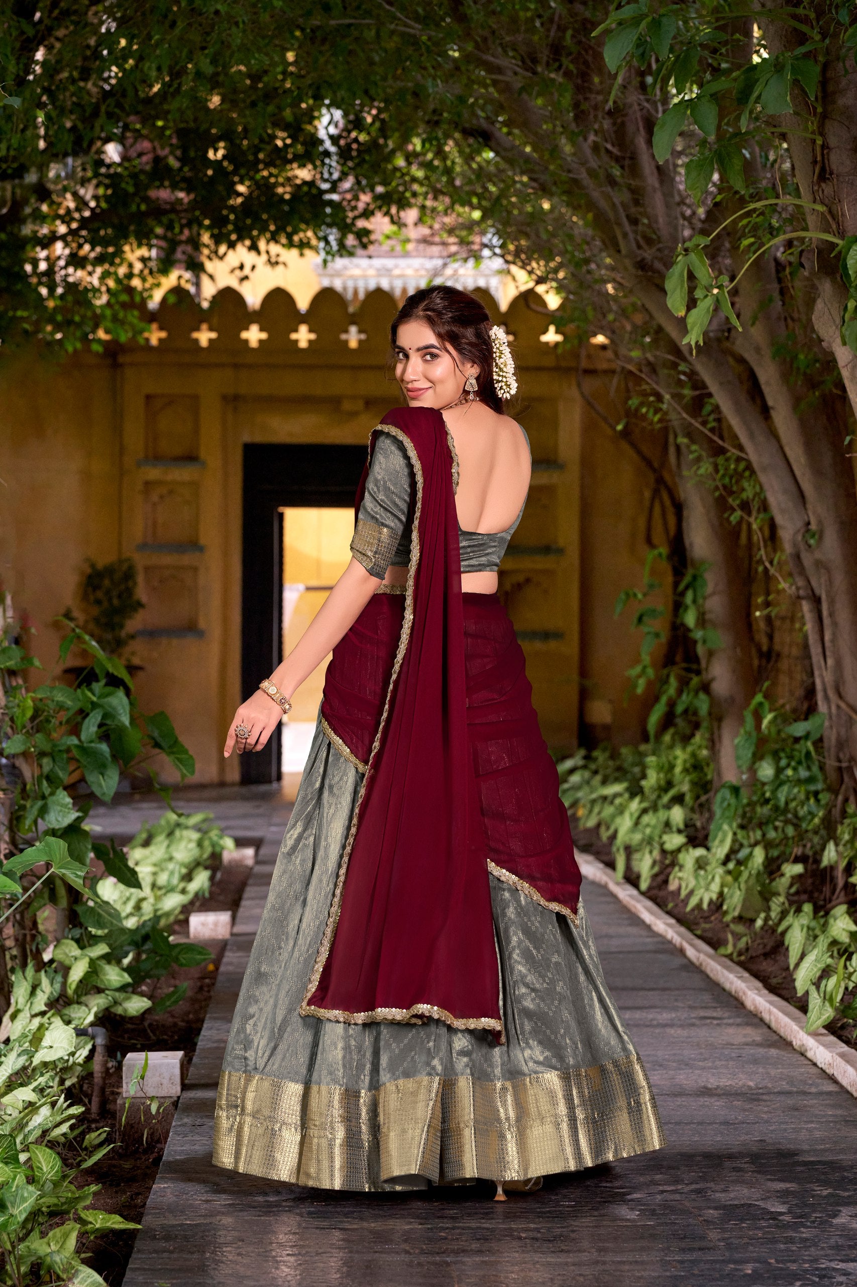 Grey Pure Soft Dupion Paithani Silk South Indian Lehenga Saree