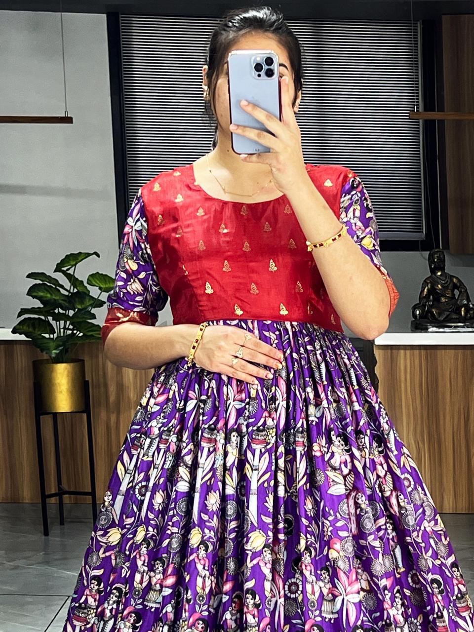 Purple Pure Soft Dola Silk Kalamkari Printed Gown