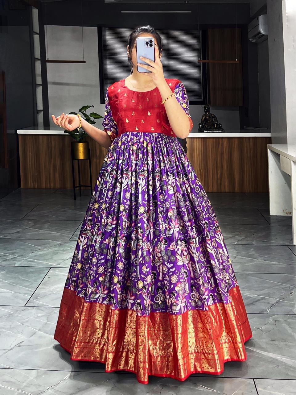 Purple Pure Soft Dola Silk Kalamkari Printed Gown Gown Anant Tex Exports Pvt.Ltd..