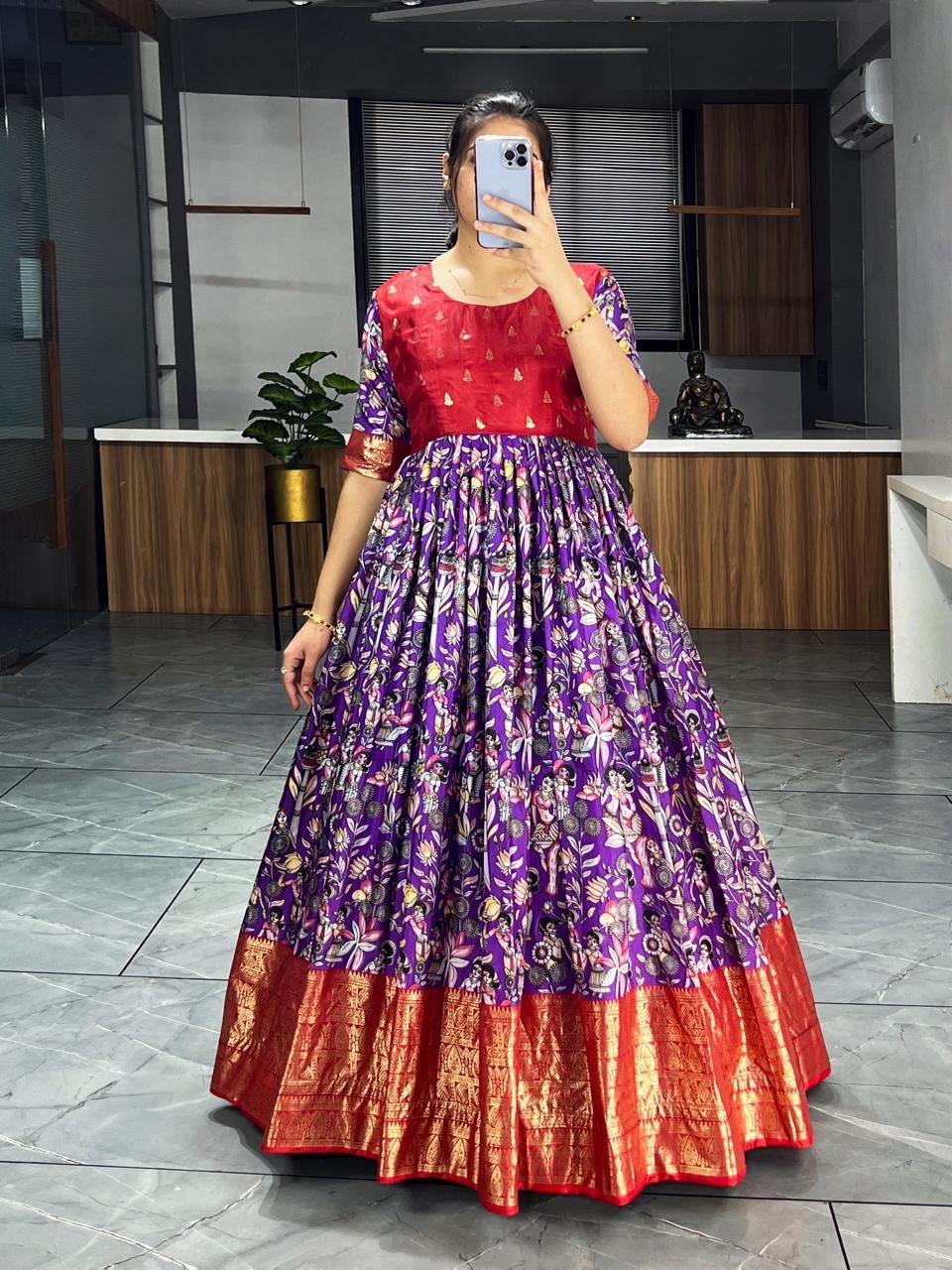 Purple Pure Soft Dola Silk Kalamkari Printed Gown Gown Anant Tex Exports Pvt.Ltd..