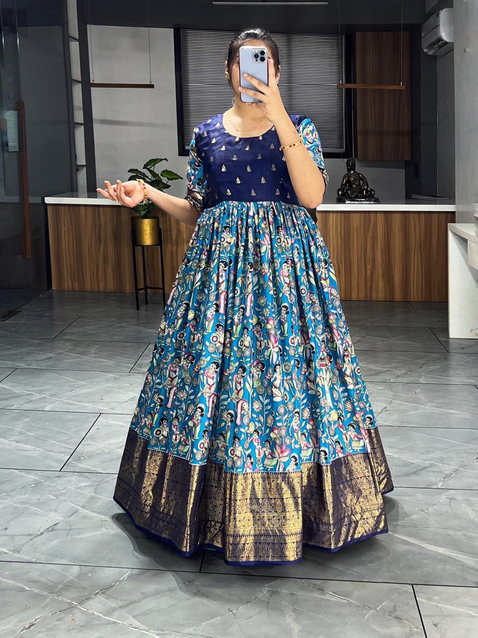 Firozi Pure Soft Dola Silk Kalamkari Printed Gown