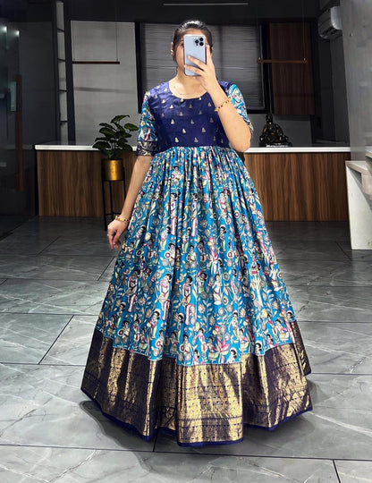 Firozi Pure Soft Dola Silk Kalamkari Printed Gown Gown Anant Tex Exports Pvt.Ltd..