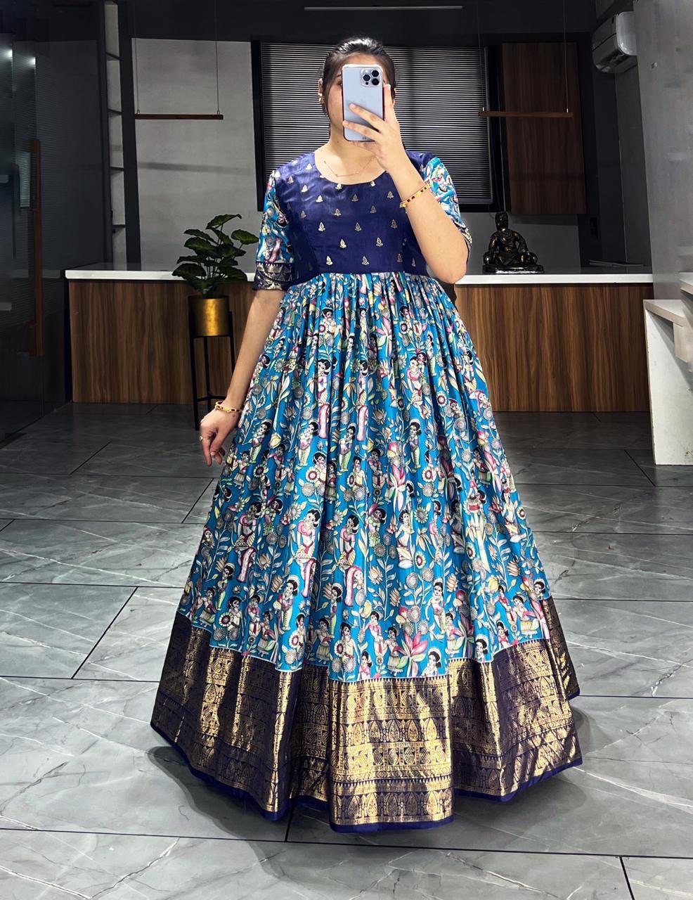 Firozi Pure Soft Dola Silk Kalamkari Printed Gown