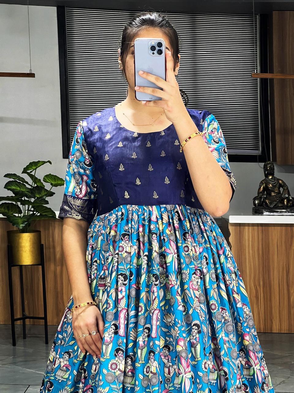 Firozi Pure Soft Dola Silk Kalamkari Printed Gown