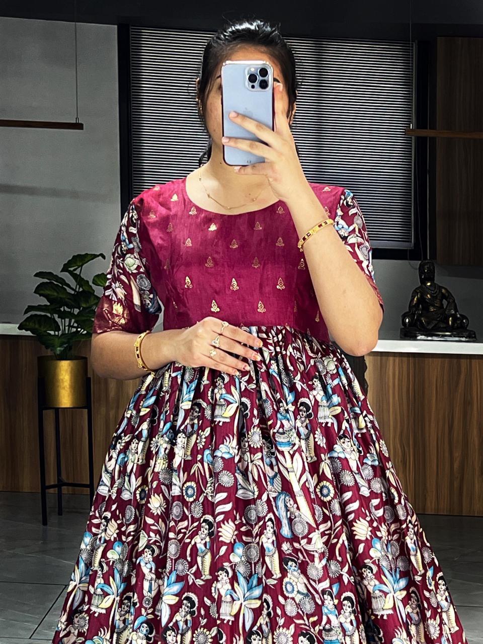 Wine Pure Soft Dola Silk Kalamkari Printed Gown