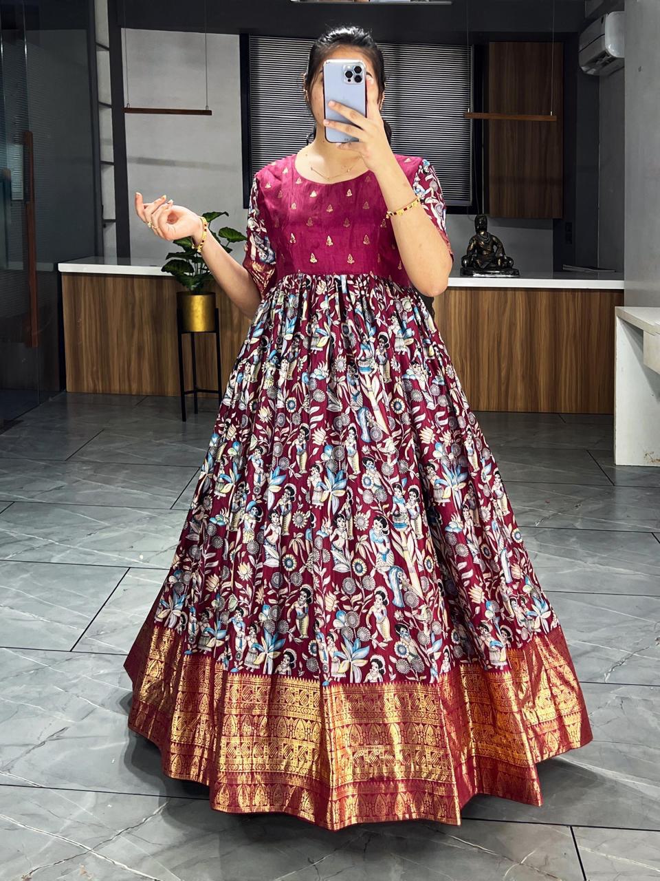 Wine Pure Soft Dola Silk Kalamkari Printed Gown Gown Anant Tex Exports Pvt.Ltd..