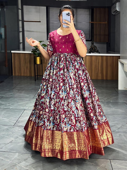 Wine Pure Soft Dola Silk Kalamkari Printed Gown Gown Anant Tex Exports Pvt.Ltd..