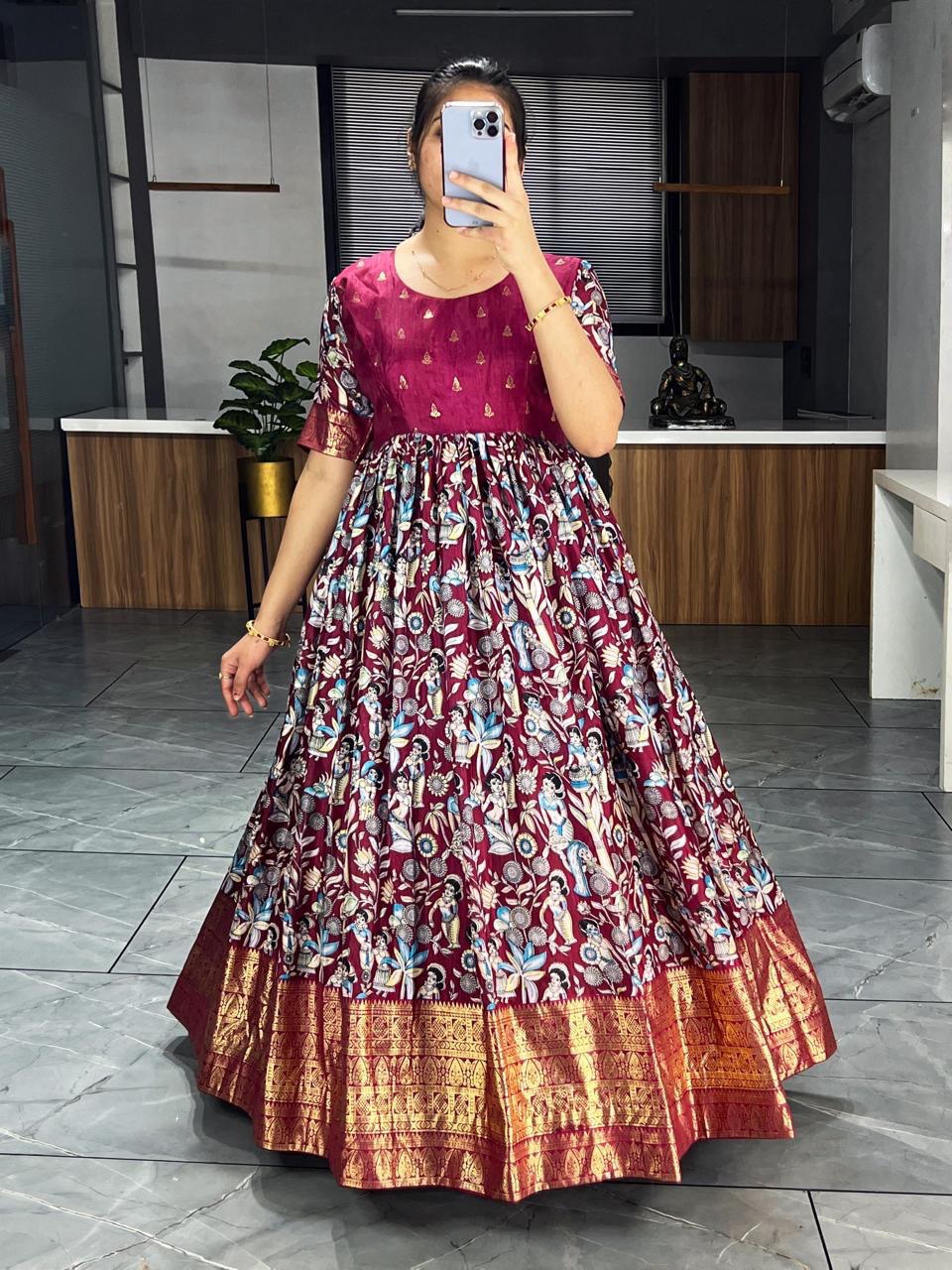 Wine Pure Soft Dola Silk Kalamkari Printed Gown Gown Anant Tex Exports Pvt.Ltd..