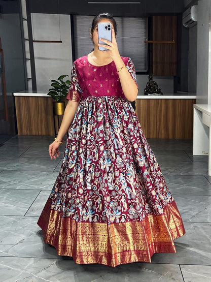 Wine Pure Soft Dola Silk Kalamkari Printed Gown Gown Anant Tex Exports Pvt.Ltd..