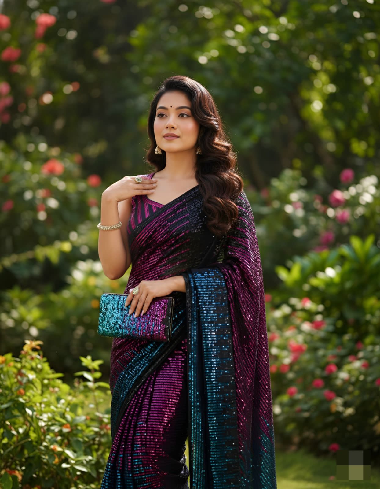 Multicolour Pure Heavy Georgette Sequins Saree