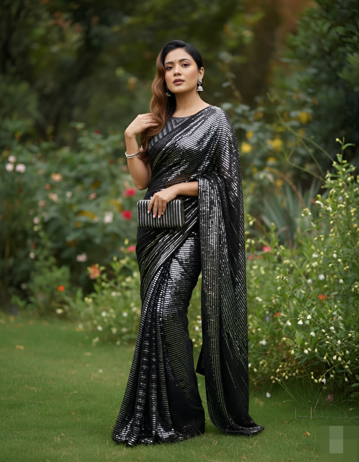 Black Pure Heavy Georgette Sequins Saree