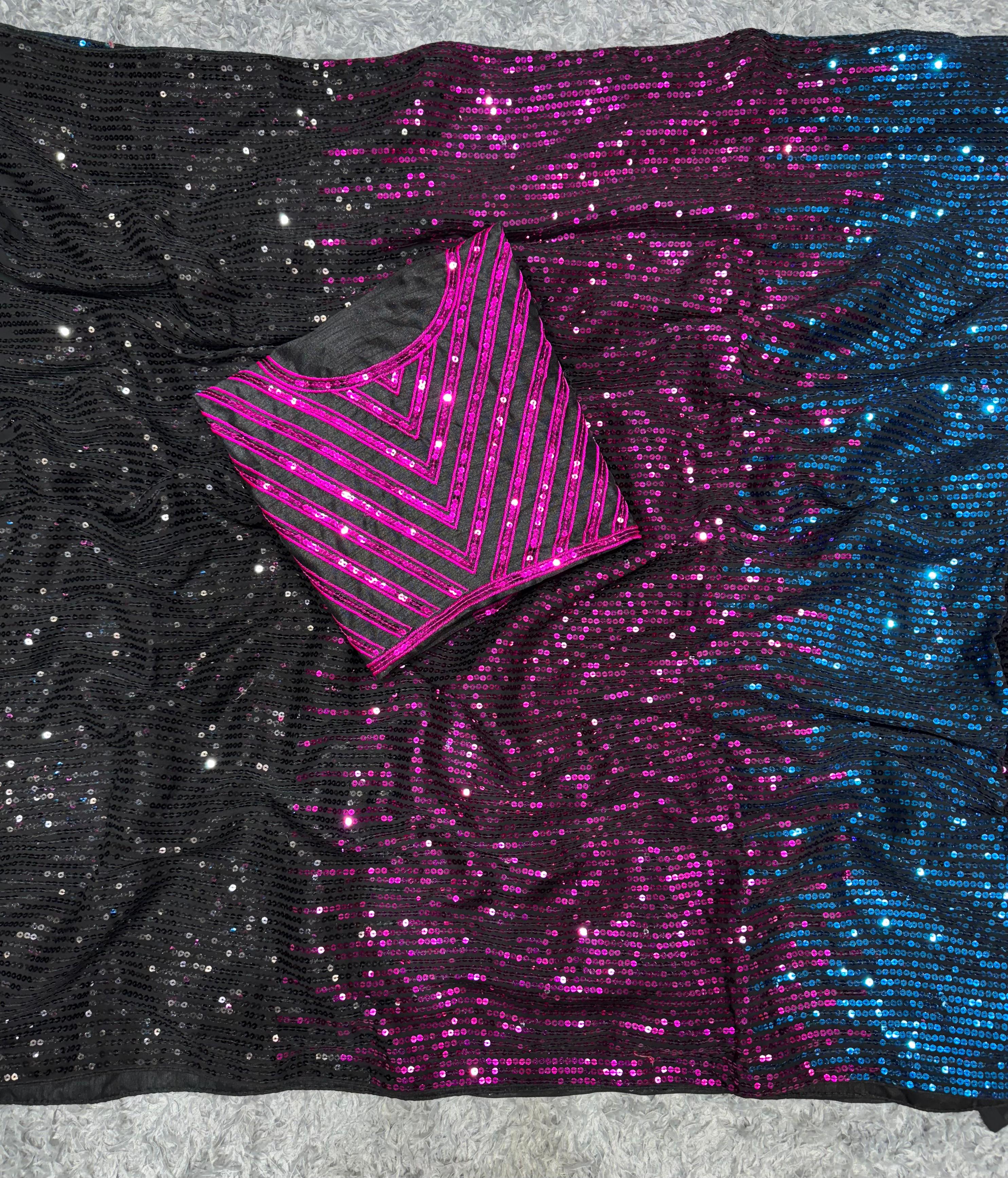 Multicolour Pure Heavy Georgette Sequins Saree