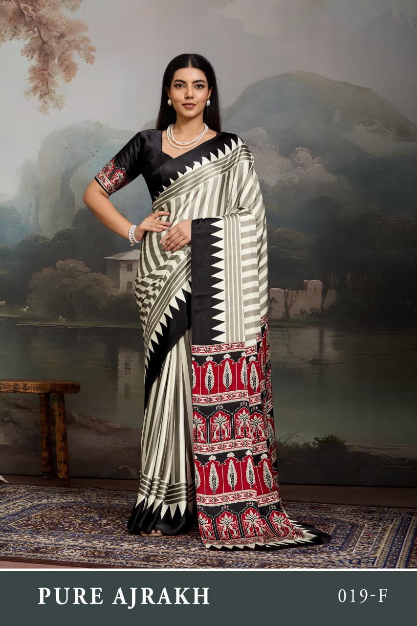 Black Pure Modal Satin Ajrakh Print Satin Saree Japan Satin Saree Anant Tex Exports Pvt.Ltd..