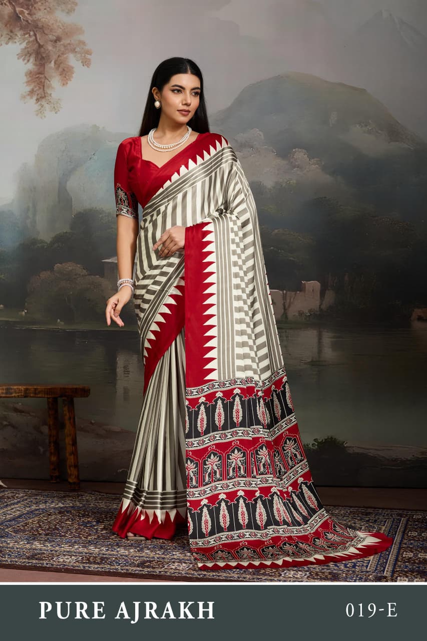 Red Pure Modal Satin Ajrakh Print Satin Saree Japan Satin Saree Anant Tex Exports Pvt.Ltd..
