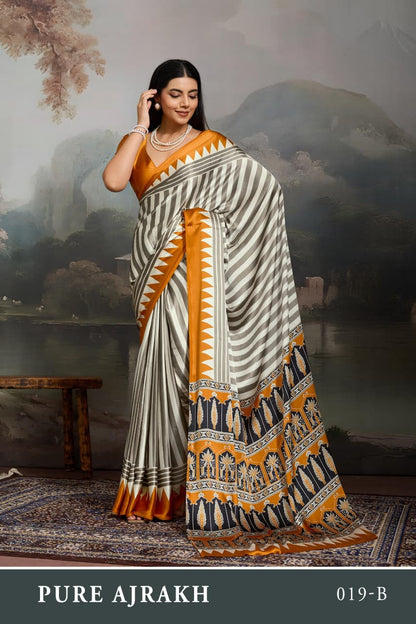 Yellow Pure Modal Satin Ajrakh Print Satin Saree Japan Satin Saree Anant Tex Exports Pvt.Ltd..