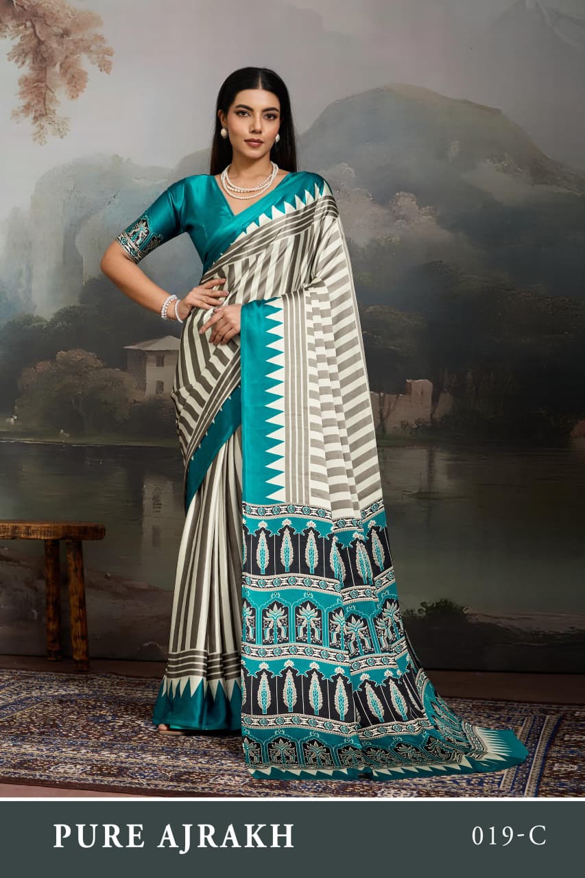 Sky Pure Modal Satin Ajrakh Print Satin Saree Japan Satin Saree Anant Tex Exports Pvt.Ltd..