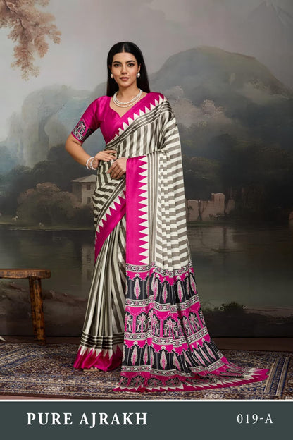 Pink Pure Modal Satin Ajrakh Print Satin Saree Japan Satin Saree Anant Tex Exports Pvt.Ltd..