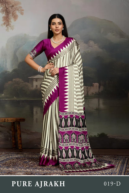 Purple Pure Modal Satin Ajrakh Print Satin Saree Japan Satin Saree Anant Tex Exports Pvt.Ltd..