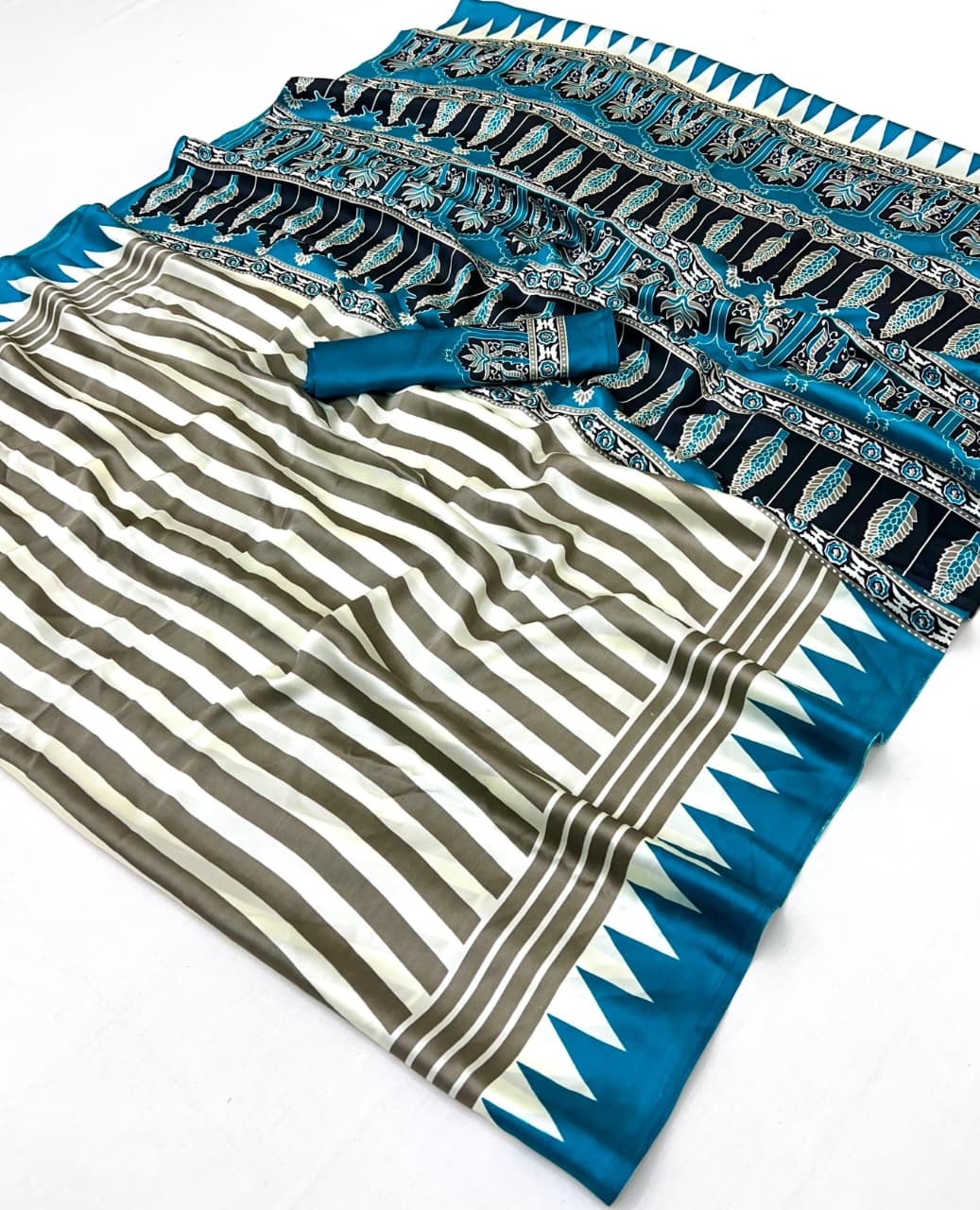 Sky Pure Modal Satin Ajrakh Print Satin Saree