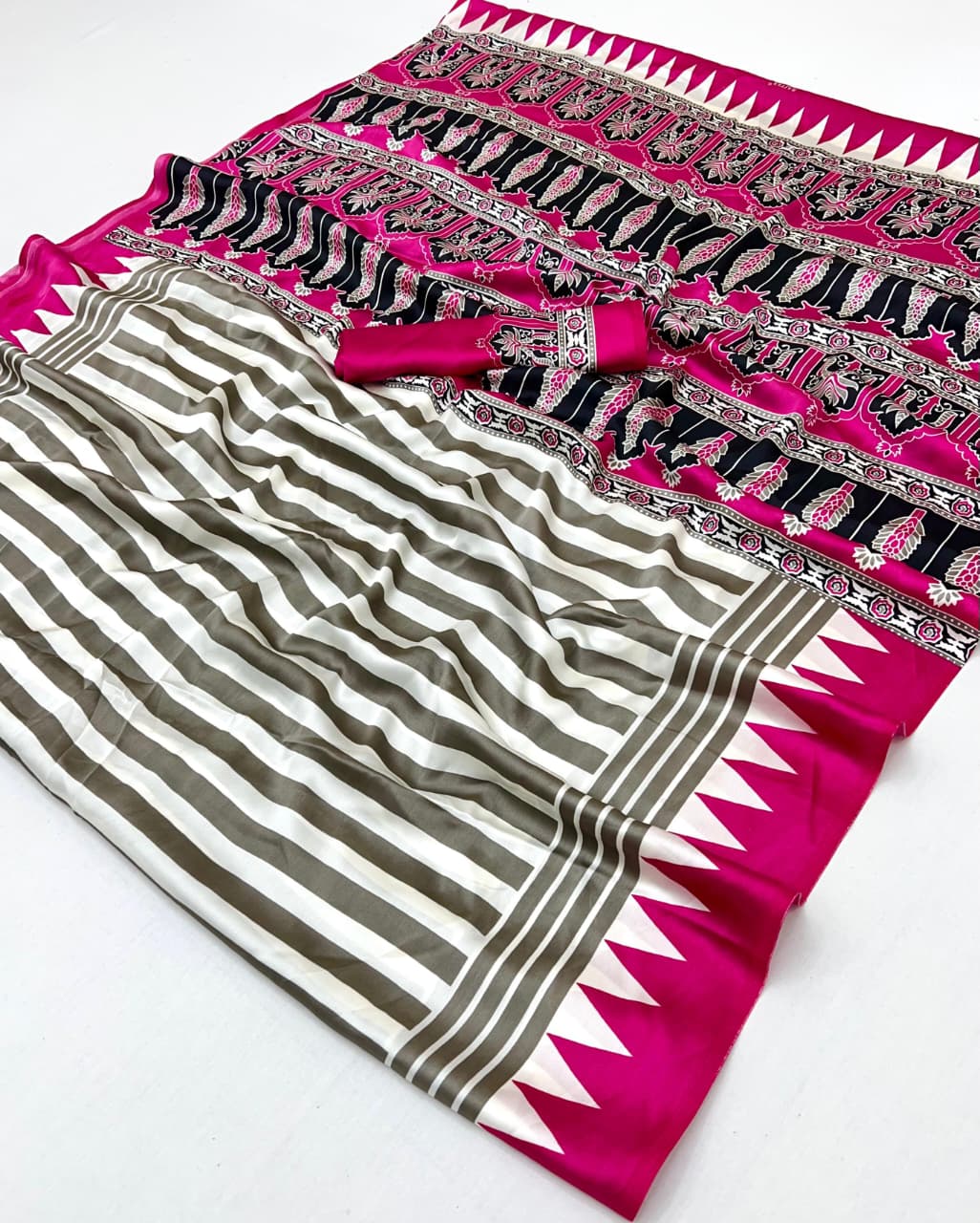Pink Pure Modal Satin Ajrakh Print Satin Saree Japan Satin Saree Anant Tex Exports Pvt.Ltd..