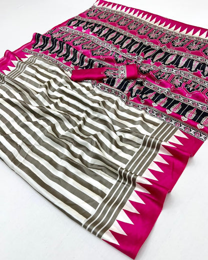 Pink Pure Modal Satin Ajrakh Print Satin Saree Japan Satin Saree Anant Tex Exports Pvt.Ltd..