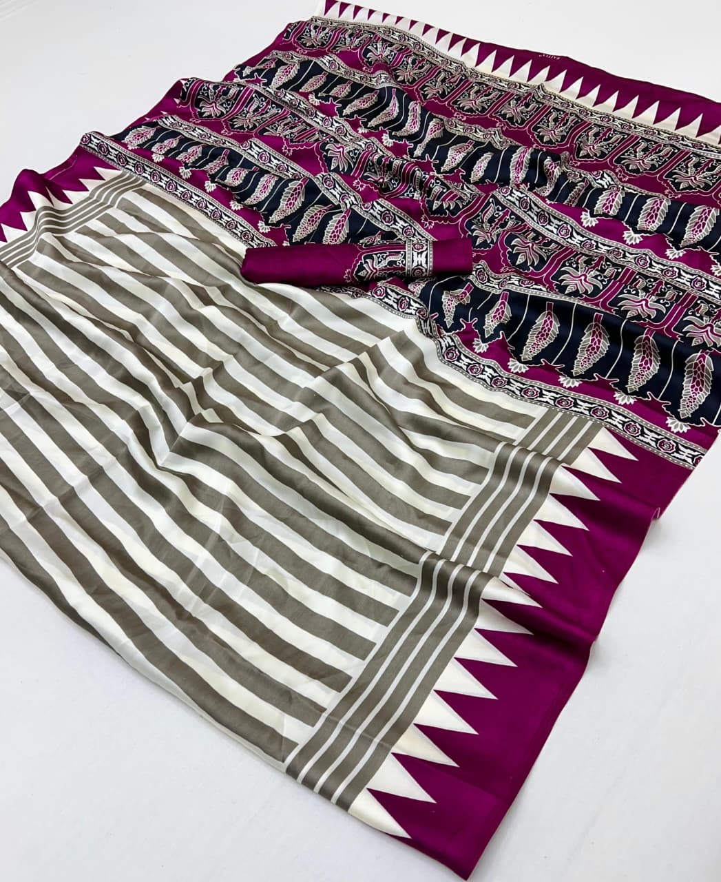 Purple Pure Modal Satin Ajrakh Print Satin Saree Japan Satin Saree Anant Tex Exports Pvt.Ltd..