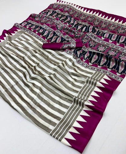 Purple Pure Modal Satin Ajrakh Print Satin Saree Japan Satin Saree Anant Tex Exports Pvt.Ltd..