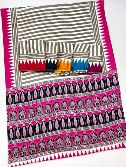 Pink Pure Modal Satin Ajrakh Print Satin Saree Japan Satin Saree Anant Tex Exports Pvt.Ltd..